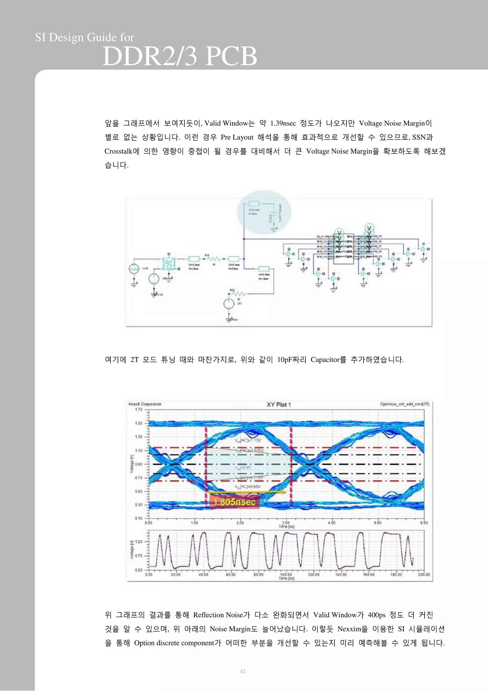 SI Design Guide for
DDR2/3 PCB
앞을 그래프에서 보여지듯이, Valid Window는 약 1.39nsec 정도가 나오지만 Voltage Noise Margin이
별로 없는 상황입니다. 이런 경우 Pre Layout 해석을 통해 효과적으로 개선할 수 있으므로, SSN과
Crosstalk에 의한 영향이 중첩이 될 경우를 대비해서 더 큰 Voltage Noise Margin을 확보하도록 해보겠
습니다.
여기에 2T 모드 튜닝 때와 마찬가지로, 위와 같이 10pF짜리 Capacitor를 추가하였습니다.
위 그래프의 결과를 통해 Reflection Noise가 다소 완화되면서 Valid Window가 400ps 정도 더 커진
것을 알 수 있으며, 위 아래의 Noise Margin도 늘어났습니다. 이렇듯 Nexxim을 이용한 SI 시뮬레이션
을 통해 Option discrete component가 어떠한 부분을 개선할 수 있는지 미리 예측해볼 수 있게 됩니다.
42
 