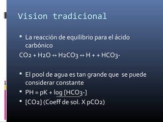 Vision tradicional
 La reacción de equilibrio para el ácido
carbónico
CO2 + H2O H2CO3 H + + HCO3-↔ ↔
 El pool de agua es...