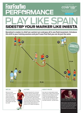 In association with




PERFORMANCE
                                                                                                                              Coerver Coaching is the world’s number
                                                                                                                                one soccer skills teaching method
                                                                                                                                        www.coerver.co.uk.
                                                                                                                                        Follow @CoerverUK




PLAY LIKE SPAIN
              TA
SIDESTEP YOUR MARKER LIKE INIES
Barcelona’s creator-in-chief can control, turn and pass all in one ﬂuid movement. Introduce
this drill to your training sessions and you’ll soon ﬁnd that you can do just the same



                                B2                                                                                     D1

                                                                                                                                                  INIESTA’S
                                                                                                                                                 DRIBBLIN
                                                                                                                                                          G
                                                                                                                                                  Drill No.4



                                                                                          B1


                                                                                                                                                 20 yds




                           C1
                                                                                                                                     A1




                                                                            20 yds




SET UP                               ACTION                                      HOW IT HELPS

Mark out an area                     A1 passes the ball to B1. As the ball       Even when he’s being tightly marked,
measuring 20 x 20 yards.              leaves A1’s foot, B1 meets the ball        Andres Iniesta is able to receive the ball
Place a cone in the                     before it reaches the cone. With their   because he has the ability to control it
centre of the square.                   first touch, B1 takes the ball on the    on the turn and step away from his
Divide the players into                 turn to their left or right, spinning    marker. This drill challenges the player
four groups, positioning             around the cone so they are now facing      to meet the ball, spin and pass, all in
each team on a corner                the corner they came from. B1 then          one rapid movement – just like Iniesta.      EVEN MORE ONLINE
of the square. Each team             passes back to B2 and returns to their
has a ball.                          corner. As they release the ball, C1                                                     Want to learn more from the pros?
                                     passes to D1 to repeat the sequence.                                                     Get online for exclusive interviews as
                                                                                                                              the game’s stars give their guidance,
                                                                                                                              plus more drills from the experts.
                                                                                                                              http://performance.fourfourtwo.com
 