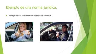 Ejemplo de una norma jurídica.
 Manejar solo si se cuenta con licencia de conducir.
 