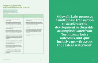 35Partnership Overview 34
Commitments from Sidewalk Labs Public Sector Commitments
	 Vertical development of Quayside to deliver a new model
for using cutting-edge design and technologies to
improve urban life.
	 Vertical development of the Villiers West Urban Inno-
vation Campus to further prove out the innovations
initiated in Quayside, spur economic development, and
cultivate an urban innovation cluster.
	 Horizontal development of the advanced systems for
Quayside and Villiers West needed to deliver on Water-
front Toronto’s objectives.
	 Deployment of Sidewalk Labs’ technologies (e.g., “pur-
poseful solutions”), including sharing the profits associ-
ated with certain technologies with the public sector.
	 Optional financing at a fixed interest rate for enabling
infrastructure, including credit support for Waterfront
East LRT extension; financing for municipal infrastruc-
ture; and funding “supplemental innovation investments”
to make the advanced systems financially viable in the
early phases.
	 Major economic development investments, including a
new Canadian Google headquarters on Villiers West, a
tall timber factory, seed funding for an Urban Innovation
Institute ($10 million), and a venture fund ($10 million)
focused on Canadian startups.
	 Payment to Waterfront Toronto of a share of upside
value, above an agreed-upon threshold, from the Quay-
side and Villiers West proceeds.
	 15-year agreement to provide ongoing technical, advi-
sory, and management services for planning, design,
and implementation in the IDEA District, including
for advanced systems and certain other horizontal
infrastructure.
	 Partnering with Sidewalk Labs to implement a com-
prehensive innovation and development strategy, with
corresponding fees.
	 Establishment of the IDEA District with a public adminis-
trator, including regulatory adjustments to enable critical
infrastructure and innovative strategies.
	 Disposition of land for Quayside and Villiers West
at price that accounts for additional Waterfront Toronto
requirements.
	 Source a limited number of Sidewalk Labs’ products (at
cost) to enable prototyping and deployment at scale,
with corresponding IP sharing provisions for certain
technologies.
	 Payment of performance payments upon Sidewalk Labs
achieving a series of negotiated growth and perfor-
mance targets.
Fig. 0.3
Summaryof Innovation
and Funding Partnership proposal
SidewalkLabs proposes
a multiphase transaction
to accelerate the
development of Quayside,
accomplishWaterfront
Toronto’s priority
outcomes,and spur
inclusive growth across
the easternwaterfront.
The proposal involves a set of mutual commit-
ments for an incremental, multiphase project
to establish the eastern waterfront as a global
leader in using cutting-edge technology and
design to achieve significant progress in tackling
urban problems.
 