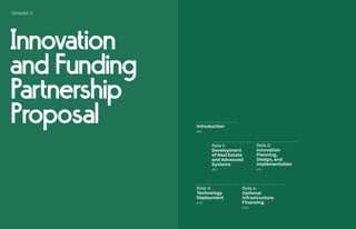 Chapter 2
Introduction
p84
Innovation
and Funding
Partnership
Proposal
Role 1:
Development
of Real Estate
and Advanced
Systems
p86
Role 4:
Optional
Infrastructure
Financing
p128
Role 2:
Innovation
Planning,
Design, and
Implementation
p114
Role 3:
Technology
Deployment
p120
 