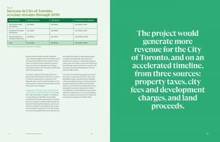 153Ch—3 152Transaction Economics
Beyond these broader benefits, Sidewalk
Labs’ analysis suggests that the project would
increase and accelerate the receipt of three
major municipal revenue streams: property
taxes, city fees and development charges,
and land proceeds from the sale of public land
within the project area.
The value created for the public sector on
this accelerated timeline results from a series
of upfront investments in innovation from
Sidewalk Labs, and the implementation of the
robust public-private partnership described in
the previous two chapters.
In aggregate, Sidewalk Labs and its partners
would invest an estimated $900 million in the
four roles described in Chapter 2, in addition
to reinvesting over $2 billion of proceeds
received as the project progresses. This total
does not include an additional $400 million of
potential financing that Sidewalk Labs would
offer as an option to the public sector as part
of the broader transaction for the LRT expan-
sion and municipal infrastructure delivery, nor
the almost $1.2 billion in total capital (equity
and debt) that Sidewalk Labs expects to
enable for the delivery of advanced systems.
It also does not include construction financing
that Sidewalk Labs would secure as part of its
proposed real estate development at Quay-
side and Villiers West.
The chart on the following page summarizes
the sources and uses of funds for the entire
$39 billion project, identifies where Sidewalk
Labs is providing funding or financing (includ-
ing optional financing offered to the public
sector), and shows the estimated third-party
real estate investment expected to follow —
over $29 billion, which Sidewalk Labs projects
will be the total amount of money invested by
others to develop the entirety of the IDEA Dis-
trict beyond Quayside and Villiers West.
Fig. 3.2
Increase in Cityof Toronto
revenue streams through 2050
Revenue Stream Baseline Scenario IDEA District Improvement Over Baseline
City Property Taxes
(Cumulative)
$1.6 billion $2.8 billion +$1.2 billion (+75%)
Development Charges
(Cumulative)
$2.1 billion $3.8 billion +$1.7 billion (+81%)
Total Proceeds From
the Sale of Public Land
$0.9 billion $2.4 billion +$1.5 billion (+167%)
Total $4.6 billion $9.0 billion +$4.4 billion (+96%)
The projectwould
generate more
revenue for the City
of Toronto,and on an
accelerated timeline,
from three sources:
propertytaxes,city
fees and development
charges,and land
proceeds.
Note: The above figures are adjusted for inflation.
 