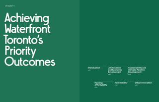 Chapter 4
Achieving
Waterfront
Toronto‘s
Priority
Outcomes Introduction
p182
Job Creation
and Economic
Development
p184
New Mobility
p190
Sustainability and
Climate-Positive
Development
p186
Urban Innovation
p192
Housing
Affordability
p188
 