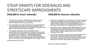 STEAP GRANTS FOR SIDEWALKS AND
STREETSCAPE IMPROVEMENTS
$450,000 for Avon’s sidewalks
• The town has received a $450,000 grant that will pay for
streetscape improvements in the center of town, Gov.
Dannel P. Malloy's office has announced.
• The money from the state would pay for new sidewalks that
are handicapped accessible and decorative lighting. This is
the third grant that the town has received for the project and
officials said it should let them complete it.
• "This project represents the best of public-private-
partnerships in that the sources of funding were comprised
of state aid, local funding and in-kind services, and charitable
contributions from residents," Town Manager Brandon
Robertson said in a statement. "The decorative lighting,
granite curbing, and new sidewalks have positively impacted
both the aesthetics and the navigability of our village center."
Hartford Courant 2/27/2014
$368,000 for Seymour sidewalks
• “Seymour is dedicated to revitalizing our downtown, and this
grant money will go a long way in helping us make needed
improvements,” Miller said. “By improving access for
persons with disabilities and overall walkability, we hope to
draw even more visitors to our downtown attractions.”
• Last year, the town received a $168,000 STEAP grant for the
third phase of the sidewalk project, which will fund repairs
to sidewalks and curbs on Grand, Spruce and Meadow
streets. Work is slated to begin next month on those
sidewalks, Miller said.
• Gov. Dannel P. Malloy, in a press release, said helping small
towns make necessary infrastructure improvements
translates to “investments that will make our towns a better
place to live and work, will increase the quality of life, and
help attract economic development and growth.”
New Haven Register 5/20/2014
 