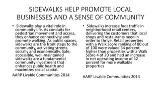 SIDEWALKS HELP PROMOTE LOCAL
BUSINESSES AND A SENSE OF COMMUNITY
• Sidewalks play a vital role in
community life. As conduits for
pedestrian movement and access,
they enhance connectivity and
promote walking. As public spaces,
sidewalks are the front steps to the
community, activating streets
socially and economically. Safe,
accessible, well-maintained
sidewalks are a fundamental
community investment that
enhances public health and
maximizes social capital.
AARP Livable Communities 2014
• Sidewalks increase foot traffic in
neighborhood retail centers,
delivering the customers that local
shops and restaurants need in
order to thrive. Retail properties
with a Walk Score ranking of 80 out
of 100 were valued 54 percent
higher than properties with a Walk
Score 4 of 20 and had an increase
in net operating income of 42
percent for more walkable
properties
AARP Livable Communities 2014
 