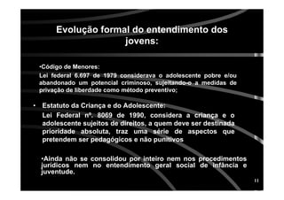 11
EvoluEvoluçãção formal do entendimento doso formal do entendimento dos
jovens:jovens:
• Estatuto da Criança e do Adolescente:
Lei Federal nº. 8069 de 1990, considera a criança e o
adolescente sujeitos de direitos, a quem deve ser destinada
prioridade absoluta, traz uma série de aspectos que
pretendem ser pedagógicos e não punitivos
•Código de Menores:
Lei federal 6.697 de 1979 considerava o adolescente pobre e/ou
abandonado um potencial criminoso, sujeitando-o a medidas de
privação de liberdade como método preventivo;
•Ainda não se consolidou por inteiro nem nos procedimentos
jurídicos nem no entendimento geral social de infância e
juventude.
 