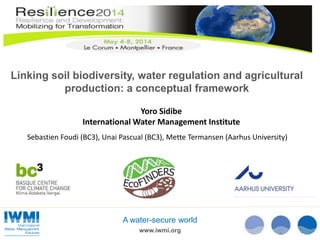 www.iwmi.org
A water-secure world
Linking soil biodiversity, water regulation and agricultural
production: a conceptual framework
Yoro Sidibe
International Water Management Institute
Sebastien Foudi (BC3), Unai Pascual (BC3), Mette Termansen (Aarhus University)
 