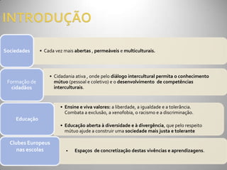 Sociedades     • Cada vez mais abertas , permeáveis e multiculturais.




                   • Cidadania ativa , onde pelo diálogo intercultural permita o conhecimento
 Formação de         mútuo (pessoal e coletivo) e o desenvolvimento de competências
   cidadãos          interculturais.


                        • Ensine e viva valores: a liberdade, a igualdade e a tolerância.
                          Combata a exclusão, a xenofobia, o racismo e a discriminação.
    Educação
                        • Educação aberta à diversidade e à divergência, que pelo respeito
                          mútuo ajude a construir uma sociedade mais justa e tolerante

  Clubes Europeus
     nas escolas           •   Espaços de concretização destas vivências e aprendizagens.
 