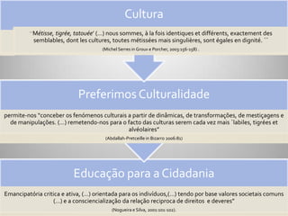 •Numa cultura              Cultura
                           • Bourdieu define cultura como ``la capacité de faire des différences” (in
                           Groux e Porcher, 20in Groux e Porcher, 2003:68) 03:68) .
                           • ``Cultura é comunicação´´ defende…………………………AUTORVer
         ``Métisse, tigrée, tatouée’ (…) nous sommes, { la fois identiques et différents, exactement des
           semblables, dont les cultures, toutes métisséesdifícil desingulières, sont égales en dignité. ´´
                          • Se o conceito de cultura é hoje tão mais determinar (porque
                           incompleta ou insuficiente), preferimos a noção de culturalidade
                                          (Michel Serres in Groux e Porcher, 2003:156-158) .




                             Preferimos Culturalidade
permite-nos “conceber os fenómenos culturais a partir de din}micas, de transformações, de mestiçagens e
  de manipulações. (…) remetendo-nos para o facto das culturas serem cada vez mais `labiles, tigrées et
                                             alvéolaires”
                                           (Abdallah-Pretceille in Bizarro 2006:81)




                           Educação para a Cidadania
Emancipatória critica e ativa, (…) orientada para os indivíduos,(…) tendo por base valores societais comuns
                   (…) e a consciencializaç~o da relaç~o reciproca de direitos e deveres”
                                               (Nogueira e Silva, 2001:101-102).
 