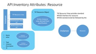 API:Inventory Attributes :ResourceInstance
TIP Resource view
Characteristic View
ref
Relationship view
ref
• Name
• value
• TIP Resource Object
Entity Instance
view derived from
specification
Instance
characteristic ref
Instance Resource
• Type
• Instance
Description
• Id
Instance
Relationship ref
TIP Resource View provides standard
MTOSI interface for resource
MTOSI standard shall be followed by the
 