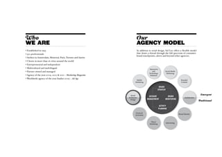 Who                                                                      Our
WE ARE                                                                   AGENCY MODEL
• Established in 1993                                                    In addition to retail design, Sid Lee offers a flexible model
• 550 professionals                                                      that draws a thread through the full spectrum of consumer-
                                                                         brand touchpoints, above and beyond other agencies.
•  teliers in Amsterdam, Montreal, Paris, Toronto and Austin
  A
•  lients in more than 16 cities around the world
  C
• Entrepreneurial and independent
• Multicultural and multilingual                                                       Interactive
• Partner owned and managed                                                               and               Social Media
                                                                                      Technology             Marketing
• Agency of the year 2009, 2010  2011 – Marketing Magazine                            Solutions
• Worldwide agency of the year finalist 2009 – Ad Age
                                                                         Mobile                                               Branded
                                                                        Marketing                                             Content

                                                                                                    Brand
                                                                                                   strategy

                                                                  Retail                                                                           Emergent
                                                                                      Account                 Brand
                                                                 Interior                                                         Architecture
                                                                 Design              management             monitoring
                                                                                                                                                  Traditional

                                                                                                      Activity
                                                                                                     planning
                                                                        Events 
                                                                                                                            Brand Identity
                                                                        Activation


                                                                                        Direct
                                                                                                              Advertising
                                                                                       Marketing
 