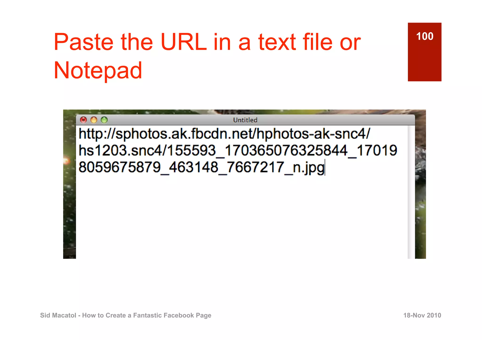 Paste the URL in a text file or                        100


    Notepad




Sid Macatol - How to Create a Fantastic Facebook Page   18-Nov 2010
 