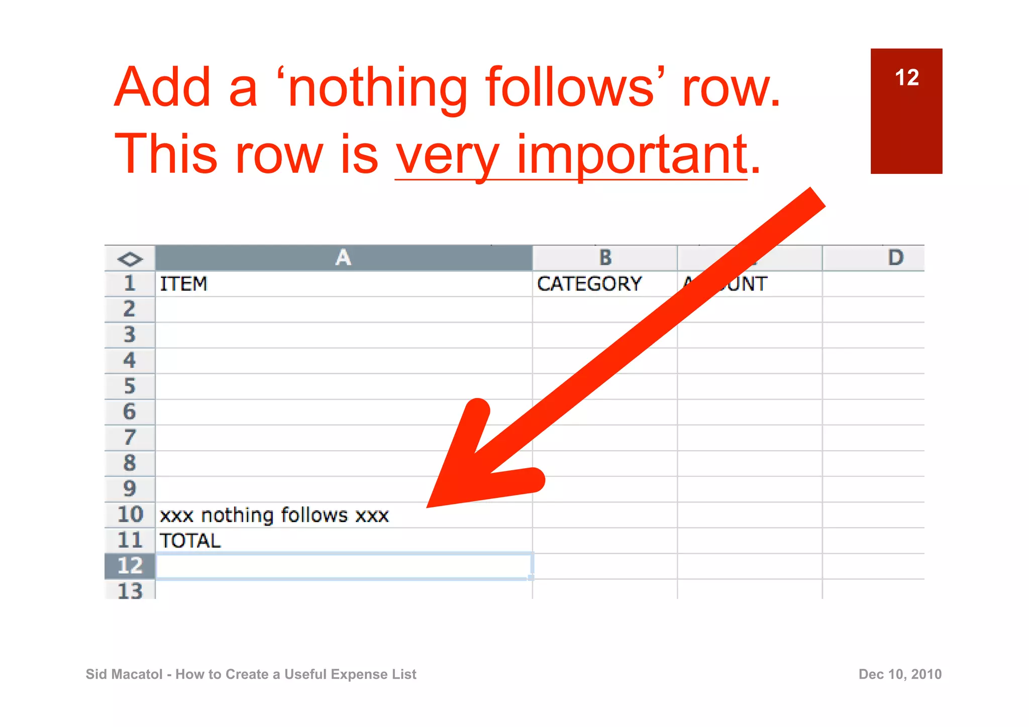 Add a ‘nothing follows’ row.                         12


    This row is very important.




Sid Macatol - How to Create a Useful Expense List   Dec 10, 2010
 