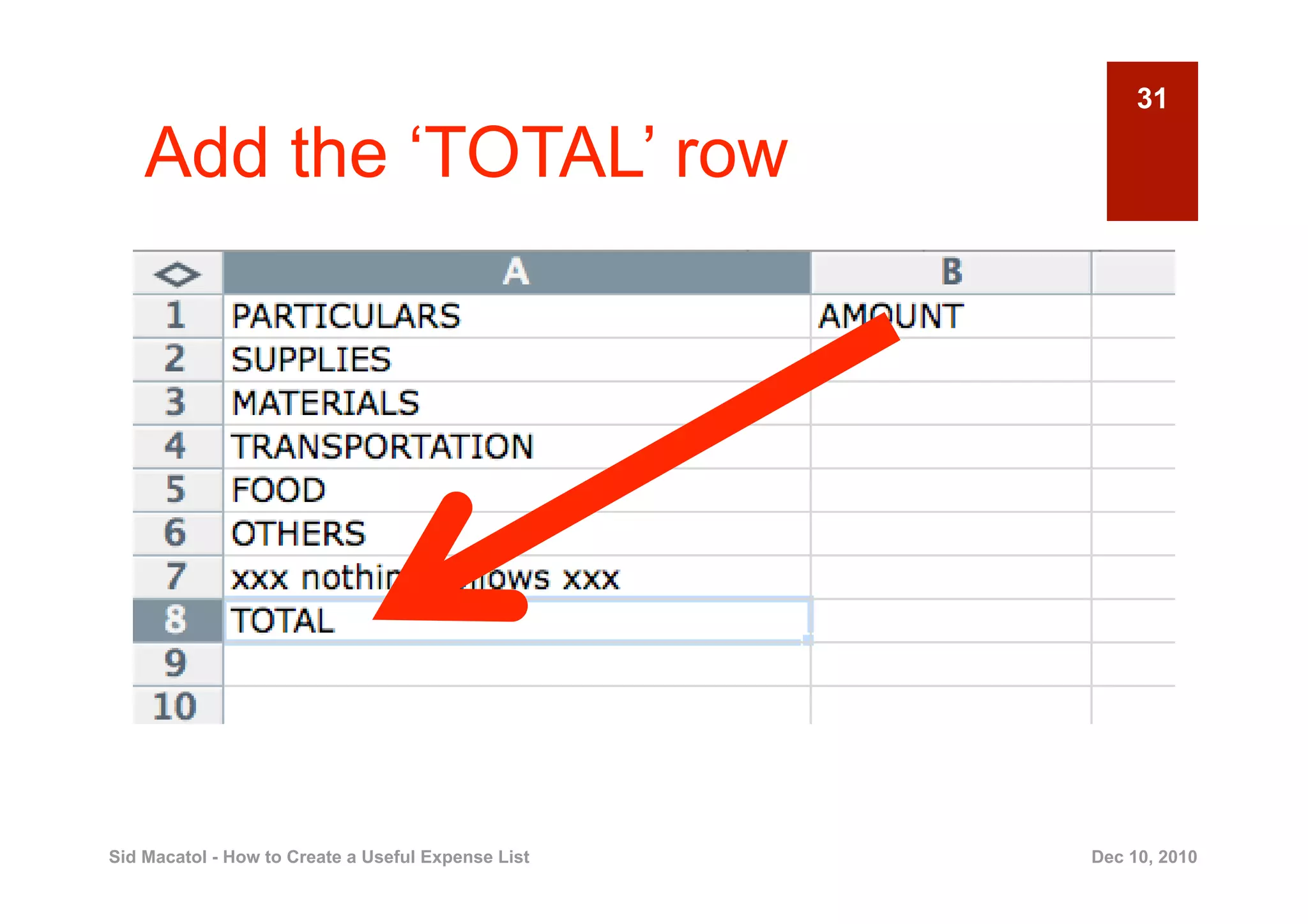 31

    Add the ‘TOTAL’ row




Sid Macatol - How to Create a Useful Expense List   Dec 10, 2010
 