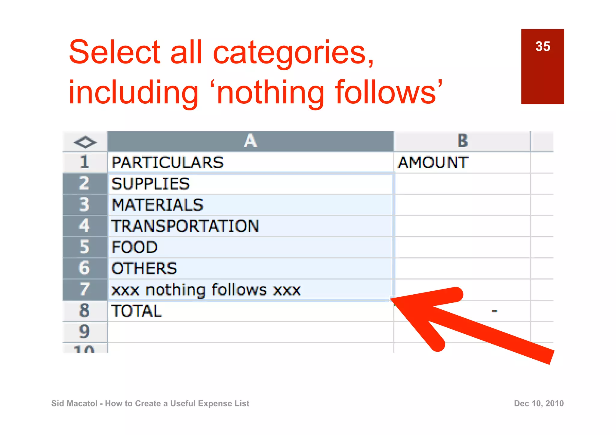 Select all categories,                               35


    including ‘nothing follows’




Sid Macatol - How to Create a Useful Expense List   Dec 10, 2010
 