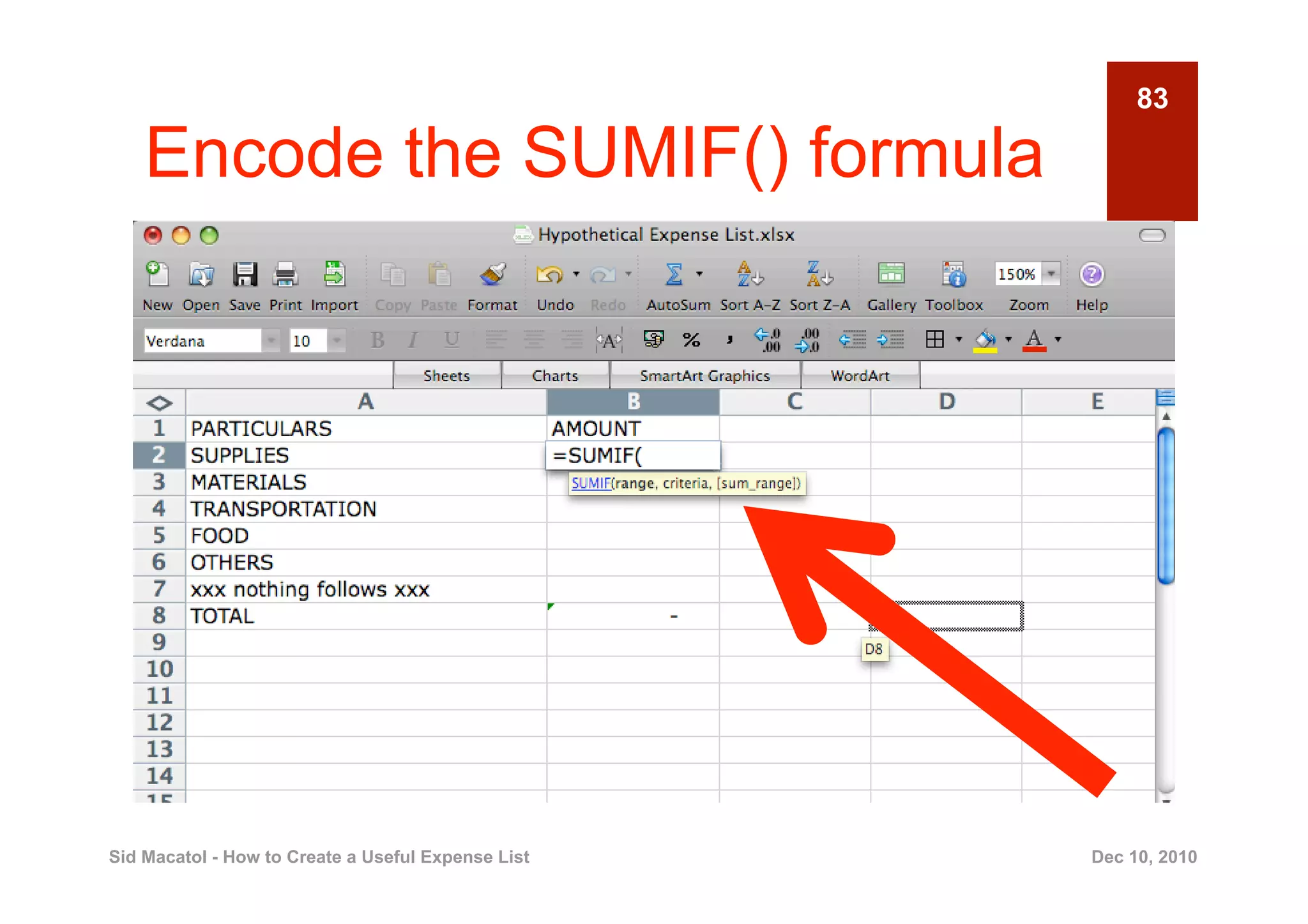 83

    Encode the SUMIF() formula




Sid Macatol - How to Create a Useful Expense List   Dec 10, 2010
 