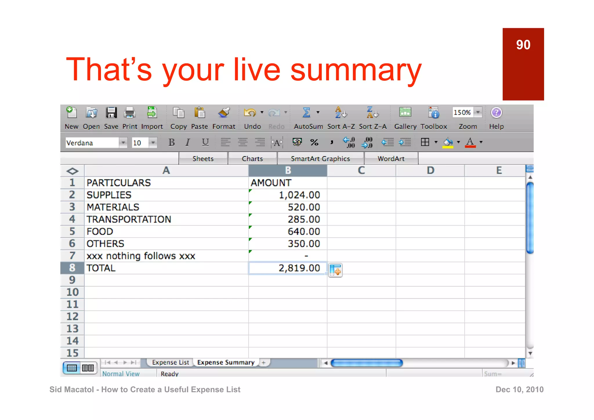 90

    That’s your live summary




Sid Macatol - How to Create a Useful Expense List   Dec 10, 2010
 