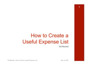 1




                           How to Create a
                        Useful Expense List
                                                    Sid Macatol




Sid Macatol - How to Create a Useful Expense List     Dec 10, 2010
 
