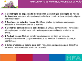1. Construção da capacidade institucional: Garantir que a redução de riscos
de desastres seja uma prioridade nacional e local com forte base institucional para
sua implantação.
2. Conhecer os próprios riscos: Identificar, avaliar e monitorar os riscos de
desastres e melhorar os alertas e alarmes.
3. Construir conhecimento e sensibilização: Utilizar conhecimento, inovação e
educação para construir uma cultura de segurança e resiliência em todos os
níveis.
4. Reduzir riscos: Reduzir os fatores subjacentes ao risco por meio do
planejamento do uso e ocupação do solo, e de medidas ambientais, sociais, e
econômicas.
5. Estar preparado e pronto para agir: Fortalecer a preparação para desastres
para uma resposta efetiva em todos os níveis.
UM CONJUNTO DE PRINCÍPIOS/PRIORIDADE DE AÇÃO
 