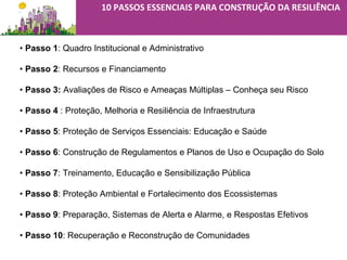 • Passo 1: Quadro Institucional e Administrativo
• Passo 2: Recursos e Financiamento
• Passo 3: Avaliações de Risco e Ameaças Múltiplas – Conheça seu Risco
• Passo 4 : Proteção, Melhoria e Resiliência de Infraestrutura
• Passo 5: Proteção de Serviços Essenciais: Educação e Saúde
• Passo 6: Construção de Regulamentos e Planos de Uso e Ocupação do Solo
• Passo 7: Treinamento, Educação e Sensibilização Pública
• Passo 8: Proteção Ambiental e Fortalecimento dos Ecossistemas
• Passo 9: Preparação, Sistemas de Alerta e Alarme, e Respostas Efetivos
• Passo 10: Recuperação e Reconstrução de Comunidades
10 PASSOS ESSENCIAIS PARA CONSTRUÇÃO DA RESILIÊNCIA
 