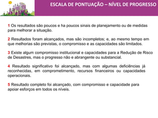 5 Resultado completo foi alcançado, com compromisso e capacidade para
apoiar esforços em todos os níveis.
4 Resultado significativo foi alcançado, mas com algumas deficiências já
reconhecidas, em comprometimento, recursos financeiros ou capacidades
operacionais.
3 Existe algum compromisso institucional e capacidades para a Redução de Risco
de Desastres, mas o progresso não e abrangente ou substancial.
2 Resultados foram alcançados, mas são incompletos; e, ao mesmo tempo em
que melhorias são previstas, o compromisso e as capacidades são limitados.
1 Os resultados são poucos e ha poucos sinais de planejamento ou de medidas
para melhorar a situação.
ESCALA DE PONTUAÇÃO – NÍVEL DE PROGRESSO
 