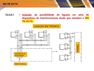 12.5.6.1  Inclusão: da possibilidade de ligação em série de
dispositivos de intertravamento desde que atendam a ISO
TR 24119.
LIGAÇÃO EM TRONCO
PAINEL
INTERFACE DE
SEGURANÇA
RESET MANUAL
ISO TR 24119.
 