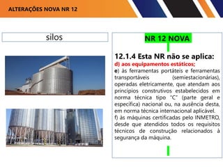 ALTERAÇÕES NOVA NR 12
NR 12 NOVA
12.1.4 Esta NR não se aplica:
d) aos equipamentos estáticos;
e) às ferramentas portáteis e ferramentas
transportáveis (semiestacionárias),
operadas eletricamente, que atendam aos
princípios construtivos estabelecidos em
norma técnica tipo “C” (parte geral e
específica) nacional ou, na ausência desta,
em norma técnica internacional aplicável.
f) às máquinas certificadas pelo INMETRO,
desde que atendidos todos os requisitos
técnicos de construção relacionados à
segurança da máquina.
silos
 