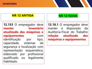 INVENTÁRIO
NR 12 ANTIGA NR 12 NOVA
12.153 O empregador deve
manter inventário
atualizado das máquinas e
equipamentos com
identificação por tipo,
capacidade, sistemas de
segurança e localização com
representação esquemática,
elaborado por profissional
qualificado ou legalmente
habilitado.
12.18.1 O empregador deve
manter à disposição da
Auditoria-Fiscal do Trabalho
relação atualizada das
máquinas e equipamentos.
 