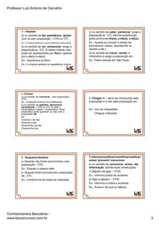 Professor Luiz Antonio de Carvalho
Conhecimentos Bancários -
www.lacconcursos.com.br 3
13
3 – Assistir
a) no sentido de dar assistência, ajudar:
com ou sem preposição – VTD ou VTI.
Ex.: O médico assistia os (aos) lutadores machucados
b) no sentido de ver, presenciar: exige a
preposição a - VTI. O objeto indireto não
pode ser representado por lhe(s), apenas
por a ele(s) a ela(s):
Ex.: Assistimos ao filme
Ex.: A criança assistiu ao espetáculo inteiro.
14
c) no sentido de caber, pertencer: exige a
preposição a - VTI. Admite substituição
pelos pronomes lhe(s), a ele(s), a ela(s).
Ex.: Assiste ao homem o direito de
permanecer calado. (Assiste-lhe ou
assiste a ele.)
d) no sentido de morar, residir: é
intransitivo e exige a preposição em.
Ex.: Pedro assiste em São Paulo.
15
4- Chamar
a) no sentido de convocar, sem preposição –
VTD.
Ex.: A direção chamou os professores.
b) no sentido de apelidar, denominar,
caracterizar – VTD ou VTI. É verbo
transobjetivo (objeto + predicativo). Esse
predicativo pode aparecer ou não com a
preposição de.
Ex.:
Chamei-o de tolo.
Chamei-o tolo.
Chamei-lhe de tolo.
Chamei-lhe tolo.
16
5. Chegar/ ir – deve ser introduzido pela
preposição a e não pela preposição em.
Ex.: Vou ao ortopedista.
Cheguei a Brasília.
17
6 - Esquecer/lembrar
a- Quando não forem pronominais: sem
preposição - VTD.
Ex.: Esqueci o casaco dele.
b- Quando forem pronominais: preposição
de - VTI.
Ex.: Lembrei-me de todas as respostas
18
7.Informar/certificar/cientificar/notificar/
avisar /prevenir/ comunicar
a) no sentido de comunicar, avisar, dar
informação: admite duas construções:
1) Alguém de algo – VTDI.
Ex.: Informou todos do acidente.
2) Algo a alguém – VTDI.
Ex.: Informou a todos o acidente.
Ex.: Avisei-o de que eu faltaria.
 