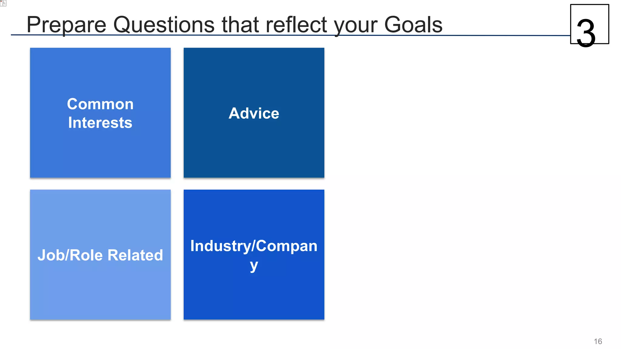 16
Prepare Questions that reflect your Goals
Job/Role Related
Common
Interests
Industry/Compan
y
Advice
3
 