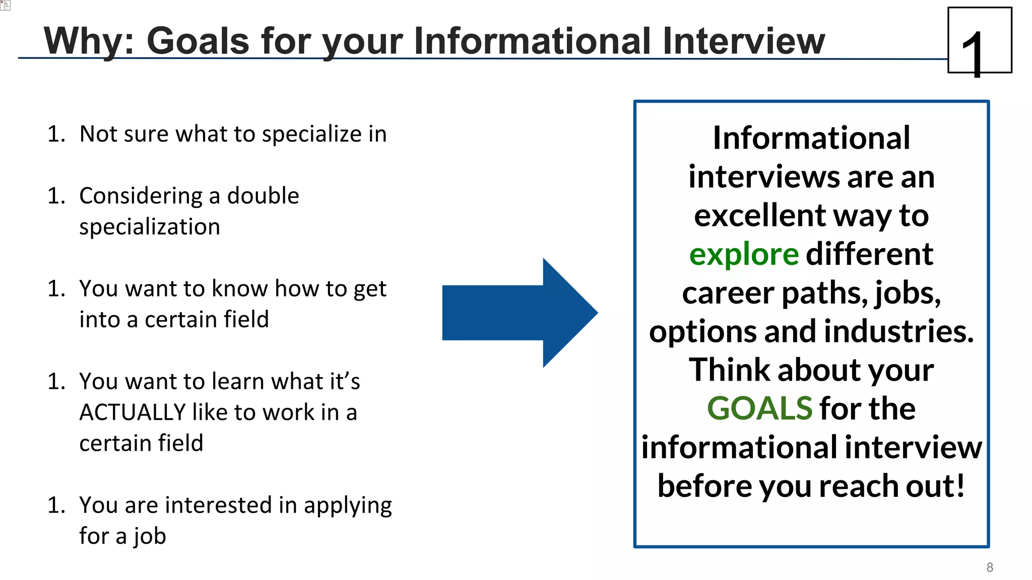 8
Why: Goals for your Informational Interview
1. Not sure what to specialize in
1. Considering a double
specialization
1. You want to know how to get
into a certain field
1. You want to learn what it’s
ACTUALLY like to work in a
certain field
1. You are interested in applying
for a job
Informational
interviews are an
excellent way to
explore different
career paths, jobs,
options and industries.
Think about your
GOALS for the
informational interview
before you reach out!
1
 
