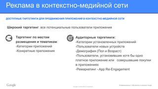 Конфиденциально. Собственность компании Google.
Реклама в контекстно-медийной сети
ДОСТУПНЫЕ ТАРГЕТИНГИ ДЛЯ ПРОДВИЖЕНИЯ ПРИЛОЖЕНИЙ В КОНТЕКСТНО-МЕДИЙНОЙ СЕТИ
Google Confidential & Proprietary
Таргетинг по местам
размещения и тематикам:
-Категории приложений
-Конкретные приложения
Аудиторные таргетинги:
-Категории установленных приложений
-Пользователи новых устройств
-Демография (Пол и Возраст)
-Пользователи, установившие хотя бы одно
платное приложение или совершавшие покупки
в приложениях
-Ремаркетинг - App Re-Engagement NEW
Широкий таргетинг: все потенциальные пользователи приложения
 