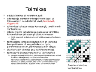 Toimikas
• Bataviatoimikas eli nuoranen, twill
• ulkonäön ja luonteen erikoispiirre on kude- ja
loiminastojen muodostamat viivat, toimiviivat,
diagonaalit
• toimiviivat kulkevat vinosti kankaan yli, tavallisimmin
45° kulmassa
• jokainen loimi- ja kudelanka muodostaa vähintään
kahden loimen ja kuteen yli ulottuvan nastan
– Mitä pidempiä lankajuoksut ovat, sitä joustavampi kankaasta
tulee.
• toimikkaassa lankojen sitoutuminen on löyhempi
kuin palttinassa eli kangas laskeutuu hyvin,
paremmin kuin esim. palttinasidoksinen kangas
• yksinkertaisin toimikas on 3-vartinen toimikas
• toimikas voi olla tasavaltainen tai toisvaltainen
– tasavaltaisissa toimikkaissa on aina parillinen niisivarsi määrä,
kankaan oikea ja nurja puoli ovat samanlaiset
– toisvaltaisessa toimikkaassa kankaan puolet ovat erilaiset eli
toimikkaan oikea puoli on joko kude- tai loimivaltainen ja
tällöin kankaan nurja puoli on loimi- tai kudevaltainen
3-vartinen toimikas,
loimivaltainen
 