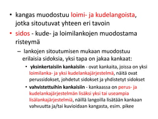 • kangas muodostuu loimi- ja kudelangoista,
jotka sitoutuvat yhteen eri tavoin
• sidos - kude- ja loimilankojen muodostama
risteymä
– lankojen sitoutumisen mukaan muodostuu
erilaisia sidoksia, yksi tapa on jakaa kankaat:
• yksinkertaisiin kankaisiin - ovat kankaita, joissa on yksi
loimilanka- ja yksi kudelankajärjestelmä, näitä ovat
perussidokset, johdetut sidokset ja yhdistetyt sidokset
• vahvistettuihin kankaisiin - kankaassa on perus- ja
kudelankajärjestelmän lisäksi yksi tai useampia
lisälankajärjestelmiä, näillä langoilla lisätään kankaan
vahvuutta ja/tai kuvioidaan kangasta, esim. pikee
 