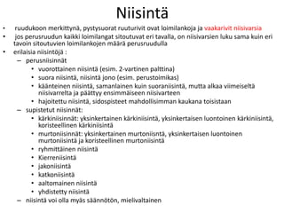 Niisintä
• ruudukoon merkittynä, pystysuorat ruuturivit ovat loimilankoja ja vaakarivit niisivarsia
• jos perusruudun kaikki loimilangat sitoutuvat eri tavalla, on niisivarsien luku sama kuin eri
tavoin sitoutuvien loimilankojen määrä perusruudulla
• erilaisia niisintöjä :
– perusniisinnät
• vuorottainen niisintä (esim. 2-vartinen palttina)
• suora niisintä, niisintä jono (esim. perustoimikas)
• käänteinen niisintä, samanlainen kuin suoraniisintä, mutta alkaa viimeiseltä
niisivarrelta ja päättyy ensimmäiseen niisivarteen
• hajoitettu niisintä, sidospisteet mahdollisimman kaukana toisistaan
– supistetut niisinnät:
• kärkiniisinnät: yksinkertainen kärkiniisintä, yksinkertaisen luontoinen kärkiniisintä,
koristeellinen kärkiniisintä
• murtoniisinnät: yksinkertainen murtoniisntä, yksinkertaisen luontoinen
murtoniisintä ja koristeellinen murtoniisintä
• ryhmittäinen niisintä
• Kierreniisintä
• jakoniisintä
• katkoniisintä
• aaltomainen niisintä
• yhdistetty niisintä
– niisintä voi olla myäs säännötön, mielivaltainen
 