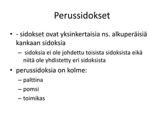 Perussidokset
• - sidokset ovat yksinkertaisia ns. alkuperäisiä
kankaan sidoksia
– sidoksia ei ole johdettu toisista sidoksista eikä
niitä ole yhdistetty eri sidoksista
• perussidoksia on kolme:
– palttina
– pomsi
– toimikas
 