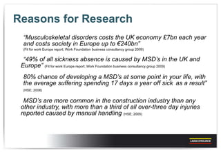 Reasons for Research “ Musculoskeletal disorders costs the UK economy £7bn each year  and costs society in Europe up to  €240bn ”   (Fit for work Europe report; Work Foundation business consultancy group 2009) “ 49% of all sickness absence is caused by MSD’s in the UK and  Europe”  (Fit for work Europe report; Work Foundation business consultancy group 2009) 80% chance of developing a MSD’s at some point in your life, with  the average suffering spending 17 days a year off sick  as a result”  (HSE; 2008) MSD’s are more common in the construction industry than any  other industry, with more than a third of all over-three day injuries  reported caused by manual handling  (HSE; 2005) 
