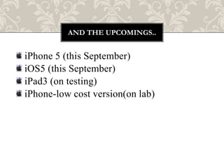 AND THE UPCOMINGS..


iPhone 5 (this September)
iOS5 (this September)
iPad3 (on testing)
iPhone-low cost version(on lab)
 