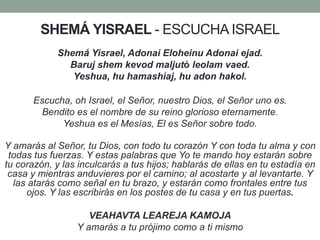 SHEMÁ YISRAEL - ESCUCHA ISRAEL
Shemá Yisrael, Adonai Eloheinu Adonai ejad.
Baruj shem kevod maljutó leolam vaed.
Yeshua, hu hamashiaj, hu adon hakol.
Escucha, oh Israel, el Señor, nuestro Dios, el Señor uno es.
Bendito es el nombre de su reino glorioso eternamente.
Yeshua es el Mesías, El es Señor sobre todo.
Y amarás al Señor, tu Dios, con todo tu corazón Y con toda tu alma y con
todas tus fuerzas. Y estas palabras que Yo te mando hoy estarán sobre
tu corazón, y las inculcarás a tus hijos; hablarás de ellas en tu estadía en
casa y mientras anduvieres por el camino; al acostarte y al levantarte. Y
las atarás como señal en tu brazo, y estarán como frontales entre tus
ojos. Y las escribirás en los postes de tu casa y en tus puertas.
VEAHAVTA LEAREJA KAMOJA
Y amarás a tu prójimo como a ti mismo
 