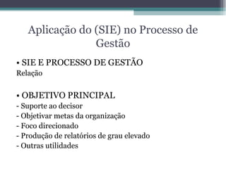 Aplicação do (SIE) no Processo de
                Gestão
• SIE E PROCESSO DE GESTÃO
Relação


• OBJETIVO PRINCIPAL
- Suporte ao decisor
- Objetivar metas da organização
- Foco direcionado
- Produção de relatórios de grau elevado
- Outras utilidades
 