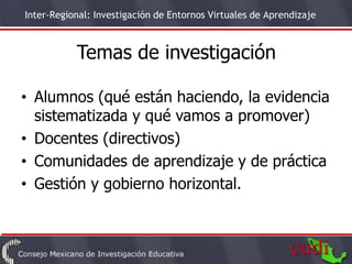 Inter-Regional: Investigación de Entornos Virtuales de Aprendizaje



           Temas de investigación

• Alumnos (qué están haciendo, la evidencia
  sistematizada y qué vamos a promover)
• Docentes (directivos)
• Comunidades de aprendizaje y de práctica
• Gestión y gobierno horizontal.


                                                                     12
 