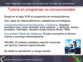 Tutoría en programas no convencionales Surgió en el siglo XVIII en programas de correspondencia Hoy, salas de videoconferencia y plataformas tecnológicas Universidad Nacional de Educación a Distancia   (España)  considera tutor como mediador entre profesor  y  alumnos. Asesor, consejero, motivador, resuelve dudas (García Aretio,1999)  Universidad Oberta de Catalunya . El tutor acompaña al alumno, orienta y aconseja individualmente ANUIES . El profesor establece relación horizontal  con alumno, atención personalizada Se abate la reprobación y rezago escolar   