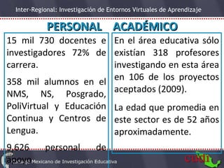 15 mil 730 docentes e investigadores 72% de carrera.  358 mil alumnos en el NMS, NS, Posgrado, PoliVirtual y Educación Continua y Centros de Lengua. 9,626 personal de apoyo PERSONAL  ACADÉMICO En el área educativa sólo existían 318 profesores investigando en esta área en 106 de los proyectos aceptados (2009).  La edad que promedia en este sector es de 52 años aproximadamente.  