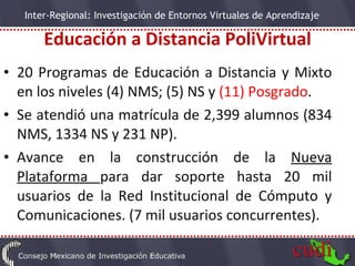 20 Programas de Educación a Distancia y Mixto en los niveles (4) NMS; (5) NS y  (11) Posgrado . Se atendió una matrícula de 2,399 alumnos (834 NMS, 1334 NS y 231 NP). Avance en la construcción de la  Nueva Plataforma  para dar soporte hasta 20 mil usuarios de la Red Institucional de Cómputo y Comunicaciones. (7 mil usuarios concurrentes). Educación a Distancia PoliVirtual 