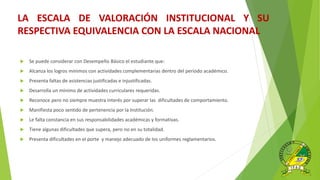  Se puede considerar con Desempeño Básico el estudiante que:
 Alcanza los logros mínimos con actividades complementarias dentro del periodo académico.
 Presenta faltas de asistencias justificadas e injustificadas.
 Desarrolla un mínimo de actividades curriculares requeridas.
 Reconoce pero no siempre muestra interés por superar las dificultades de comportamiento.
 Manifiesta poco sentido de pertenencia por la Institución.
 Le falta constancia en sus responsabilidades académicas y formativas.
 Tiene algunas dificultades que supera, pero no en su totalidad.
 Presenta dificultades en el porte y manejo adecuado de los uniformes reglamentarios.
LA ESCALA DE VALORACIÓN INSTITUCIONAL Y SU
RESPECTIVA EQUIVALENCIA CON LA ESCALA NACIONAL
 