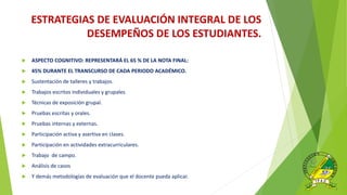 ESTRATEGIAS DE EVALUACIÓN INTEGRAL DE LOS
DESEMPEÑOS DE LOS ESTUDIANTES.
 ASPECTO COGNITIVO: REPRESENTARÁ EL 65 % DE LA NOTA FINAL:
 45% DURANTE EL TRANSCURSO DE CADA PERIODO ACADÉMICO.
 Sustentación de talleres y trabajos.
 Trabajos escritos individuales y grupales
 Técnicas de exposición grupal.
 Pruebas escritas y orales.
 Pruebas internas y externas.
 Participación activa y asertiva en clases.
 Participación en actividades extracurriculares.
 Trabajo de campo.
 Análisis de casos
 Y demás metodologías de evaluación que el docente pueda aplicar.
 
