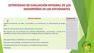 ASPECTO PERSONAL VALORACIÔN
Respeto las personas, sus ideas, su intimidad y sus sentimientos, sin discriminación de ningún
tipo.
Cuido los recursos físicos que la institución pone a mi servicio.
Me relaciono con mis profesores (as), personal administrativo y de servicios, a través de la
cordialidad y el buen trato, evitando usar un lenguaje ofensivo al dirigirme a ellos (as).
Evito agredir física o verbalmente a mis compañeros (as).
Demuestro ante el diálogo, una actitud de escucha activa y respetuosa.
Participó activamente en los proyectos y actividades extracurriculares
PROMEDIO
ESTRATEGIAS DE EVALUACIÓN INTEGRAL DE LOS
DESEMPEÑOS DE LOS ESTUDIANTES.
 