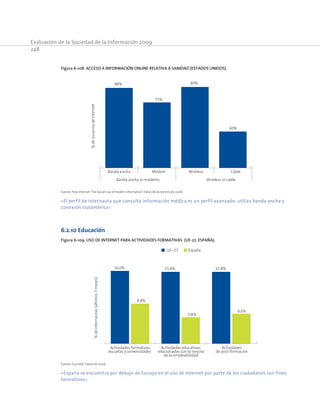 Evaluación de la Sociedad de la Información 2009
248
Figura 6-108. Acceso a información online relativa a Sanidad (Estados Unidos).
88%
72%
89%
40%
%deusuariosdeinternet
Banda ancha Módem Wireless Cable
Banda ancha vs módems Wireless vs cable
Fuente: Pew Internet. The Social Live of Health Information. Datos de diciembre de 2008.
«El perfil de internauta que consulta información médica es un perfil avanzado: utiliza banda ancha y
conexión inalámbrica»
Figura 6-109. Uso de Internet para actividades formativas (UE-27, España).
16,0%
8,8%
15,8%
5,8%
15,8%
6,6%
Actividades formativas,
escuelas y universidades
Actividades educativas
relacionadas con la mejora
de la empleabilidad
Actividades
de post-formación
%deinternautas(últimos3meses)
UE-27 España
Fuente: Eurostat. Datos de 2006.
«España se encuentra por debajo de Europa en el uso de Internet por parte de los ciudadanos con fines
formativos»
6.2.10 Educación
 