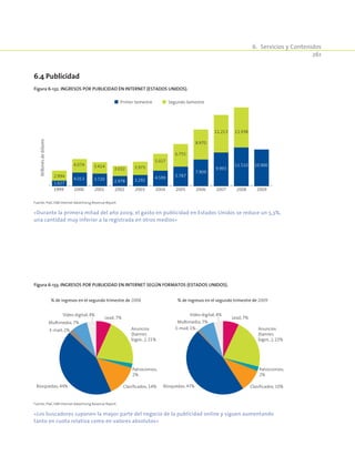 6.  Servicios y Contenidos
261
Figura 6-132. Ingresos por publicidad en Internet (Estados Unidos).
4.013
4.074
2000
1.627
2.994
1999
3.720
3.414
2001
2.978
3.032
2002
3.292
3.975
2003
4.599
5.027
2004
5.787
6.755
2005
7.909
8.970
2006
9.993
11.213
2007
10.900
2009
11.938
11.510
2008
Millonesdedólares
Primer Semestre Segundo Semestre
Fuente: PwC/IAB Internet Advertising Revenue Report.
«Durante la primera mitad del año 2009, el gasto en publicidad en Estados Unidos se reduce un 5,3%,
una cantidad muy inferior a la registrada en otros medios»
6.4 Publicidad
Figura 6-133. Ingresos por publicidad en Internet según formatos (Estados Unidos).
% de ingresos en el segundo trimestre de 2008 % de ingresos en el segundo trimestre de 2009
Lead; 7%
Patrocionios;
2%
Clasificados; 10%Búsquedas; 47%
E-mail; 1%
Multimedia; 7%
Vídeo digital; 4%
Anuncios
(banner,
logos…); 22%
Lead; 7%
Patrocionios;
2%
Clasificados; 14%Búsquedas; 44%
E-mail; 2%
Multimedia; 7%
Vídeo digital; 4%
Anuncios
(banner,
logos…); 21%
Fuente: PwC/IAB Internet Advertising Revenue Report.
«Los buscadores suponen la mayor parte del negocio de la publicidad online y siguen aumentando
tanto en cuota relativa como en valores absolutos»
 